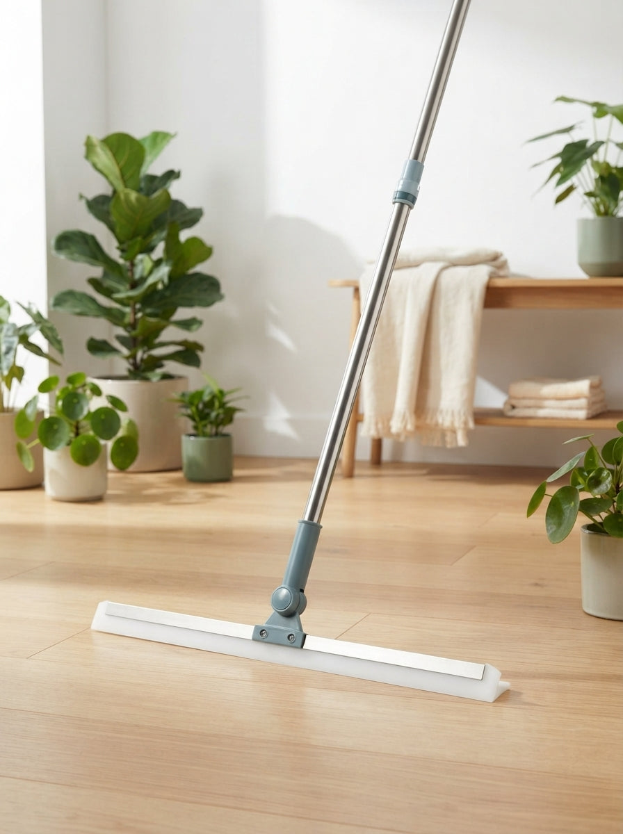 Magic broom sweeper standing on a light wood floor in a clean, brightly lit room with forest green plants and warm cream acce